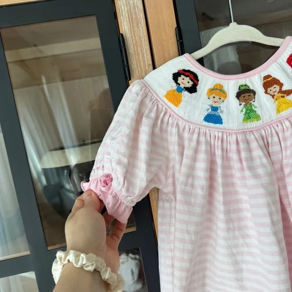 Disney princesses smocked dress top ariel striped embroidered belle toddler girl - Picture 5 of 7